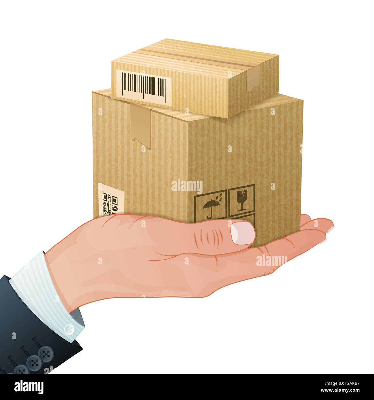 Le concept de service de livraison - la main avec des boîtes en carton dans un style 3D réaliste. Modèle peut être utilisé pour la couverture, une brochure, une affiche et Banque D'Images