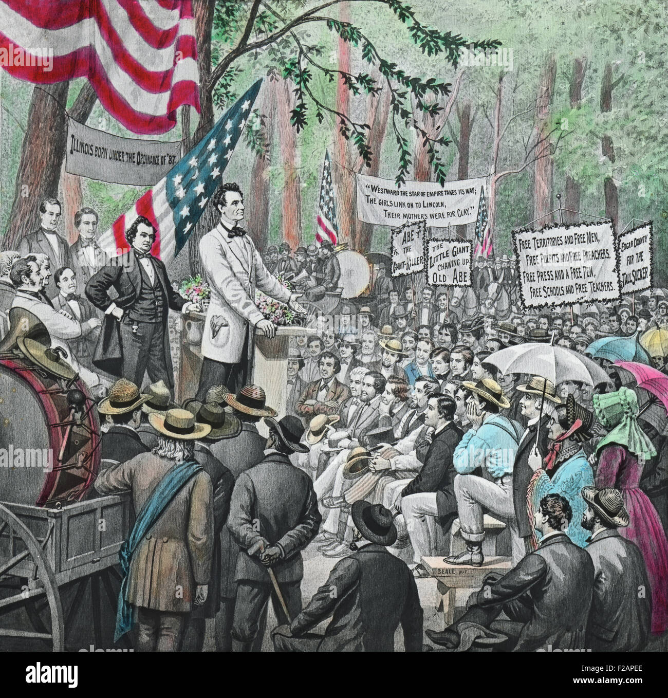 Circa 1910s à la main, lame de verre de lanterne magique, le Lincoln-Douglas Débats de 1858. Banque D'Images