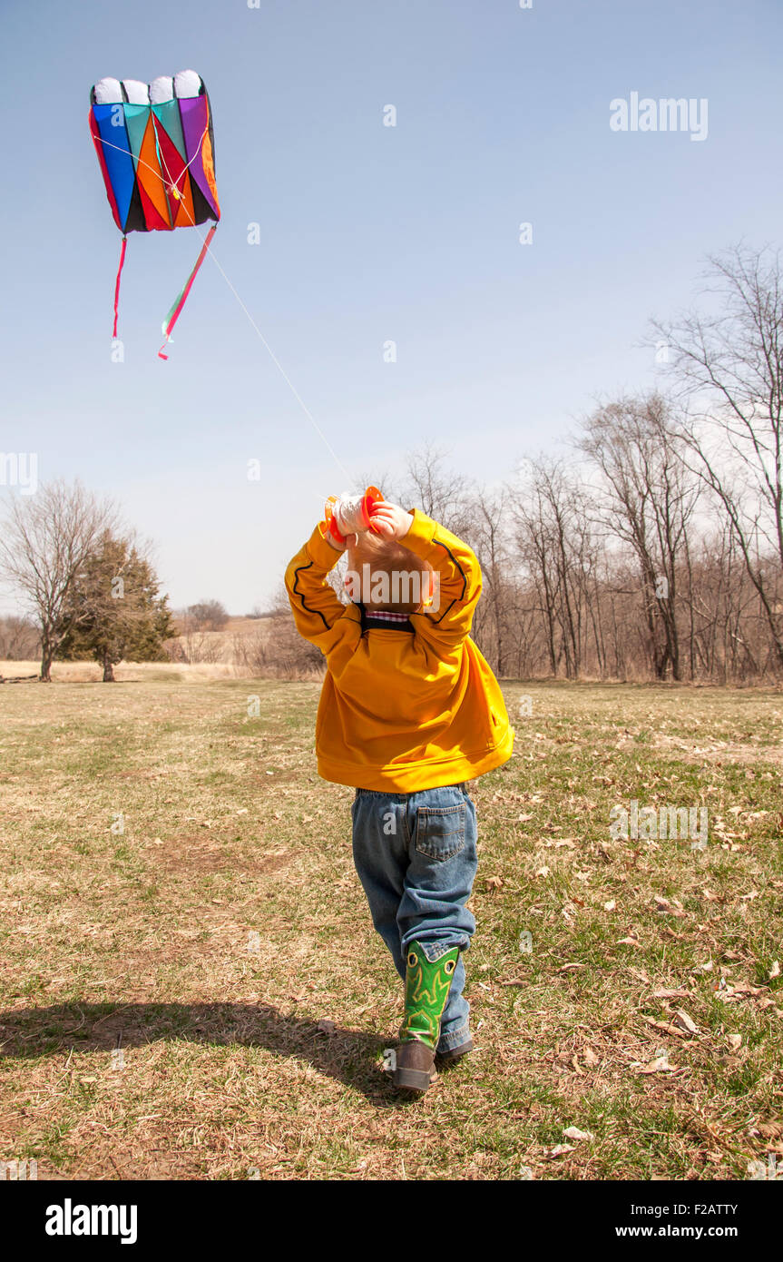 Boy flying kite dans l'air élevée Banque D'Images