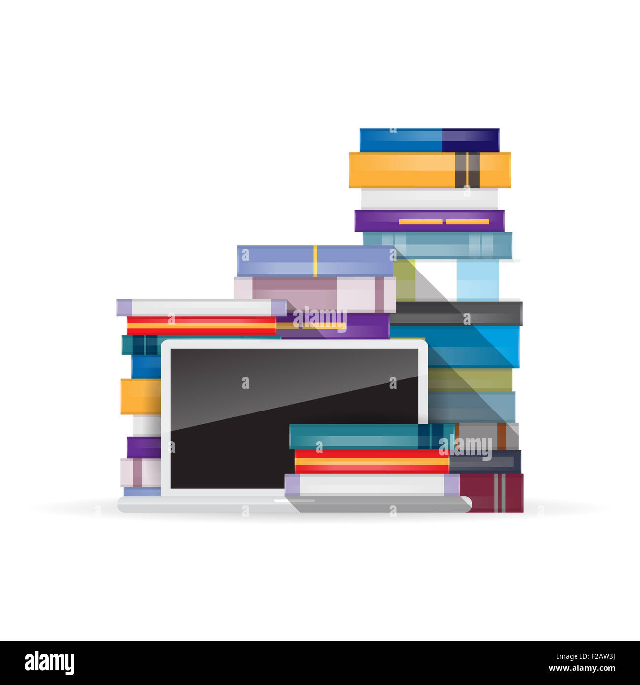 Vector illustration d'un ordinateur portable et des tas de livres. Banque D'Images