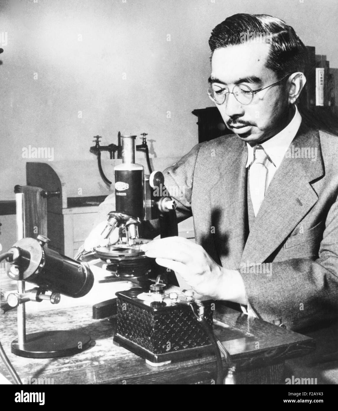 L'empereur Hirohito met des spécimens sur une diapositive sous le microscope dans son laboratoire de biologie marine. Le 31 juillet 1954. Depuis l'enfance, il a poursuivi la biologie, devenir un biologiste marin respecté. CSU (2015  9 872) Banque D'Images