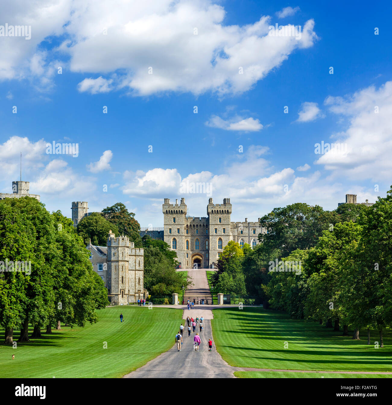Les promeneurs sur la longue marche avec le château de Windsor dans la distance, Windsor Great Park, Berkshire, England, UK Banque D'Images