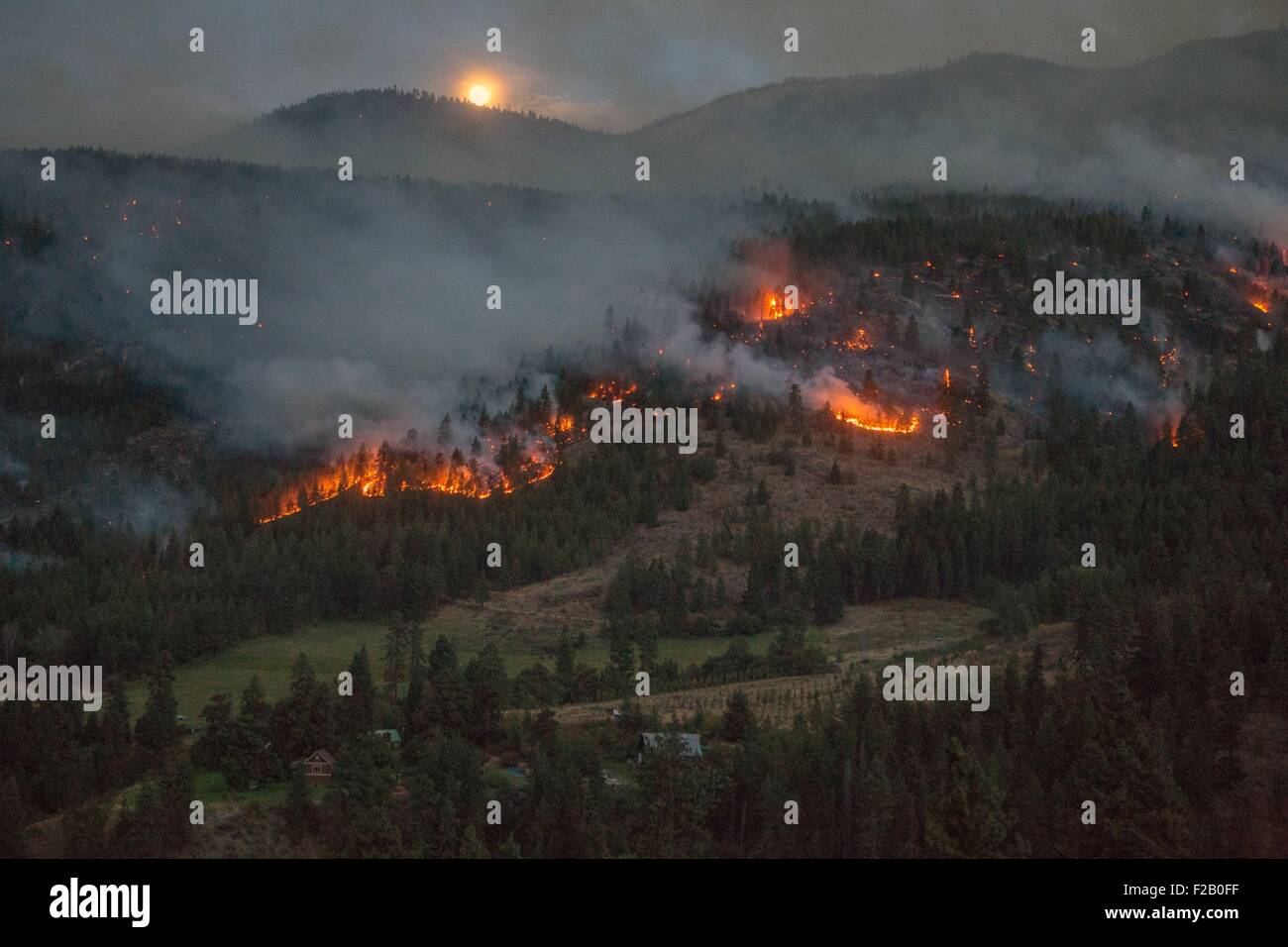 Californie, USA. 14 Septembre, 2015. Le complexe Gasquet Incendie dans la forêt nationale de six River Burns à la nuit tombée le 14 septembre 2015 dans le comté de Del Norte, en Californie. Les incendies causés par la foudre continue de croître et a déjà brûlé 65 512 acres. Banque D'Images