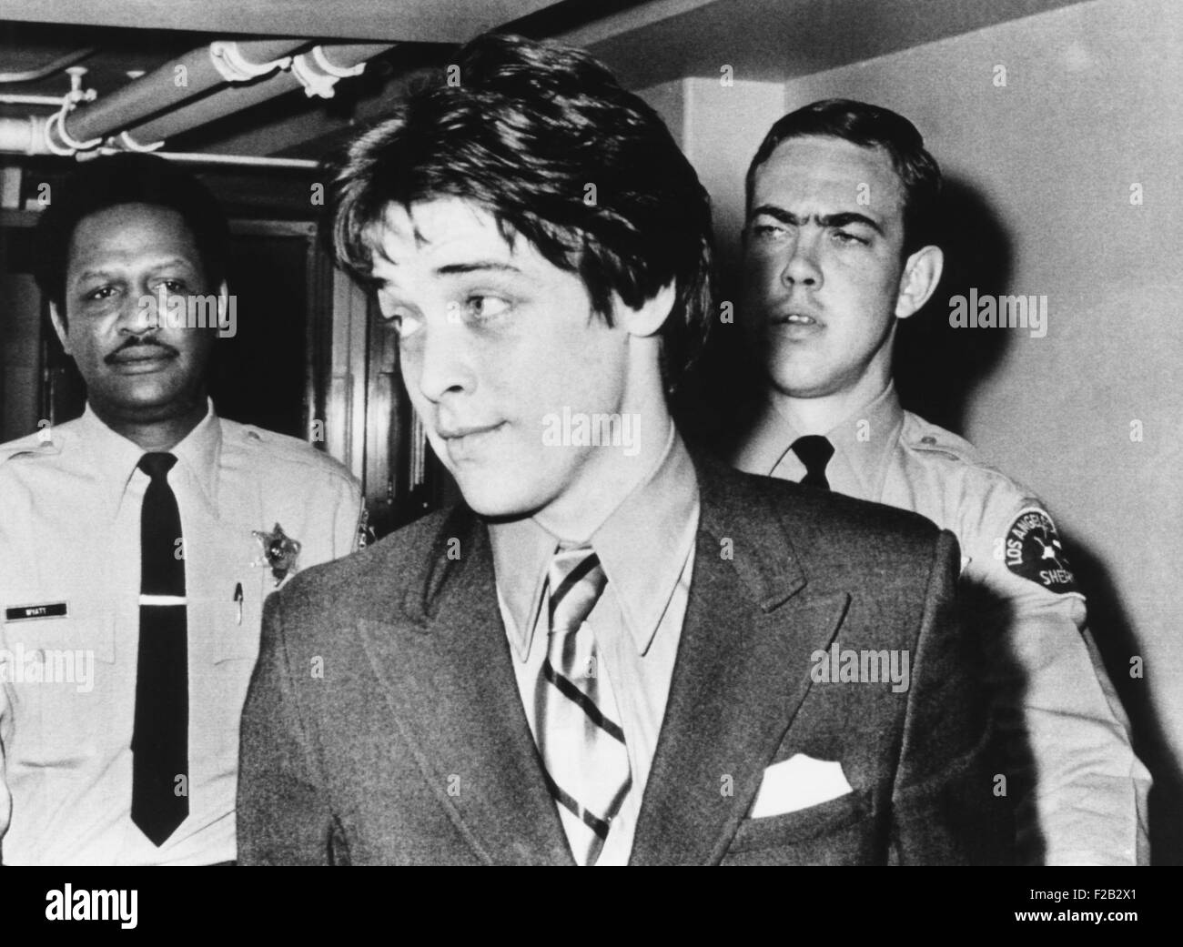 Bobbie Beausolei durant son deuxième procès pour le meurtre de musicien Gary Hinman. Le 30 mars 1970. Beausolei, avec Charles Manson Banque D'Images