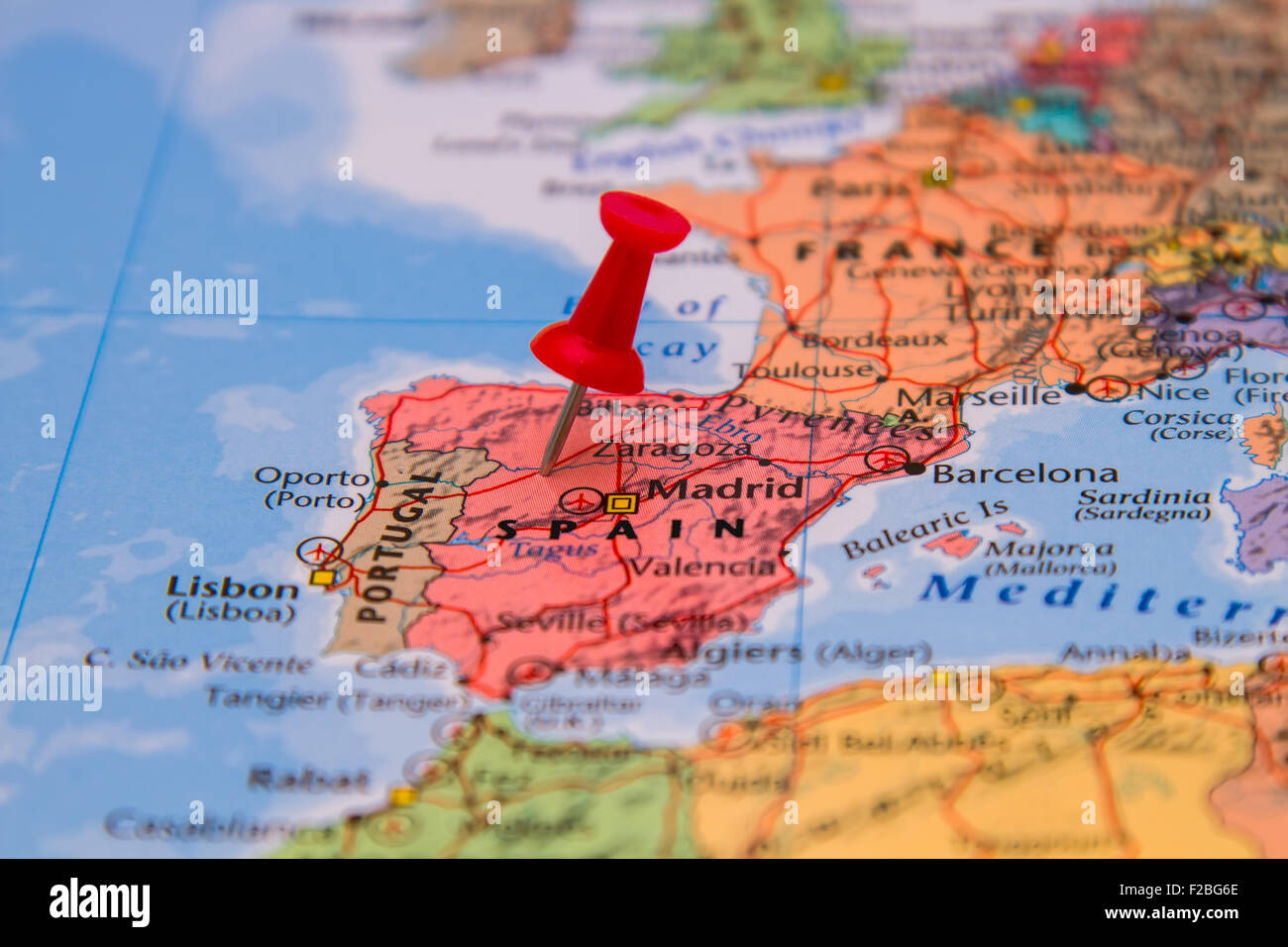 Carte De L Espagne Avec Une Punaise Rouge Bloque Photo Stock Alamy