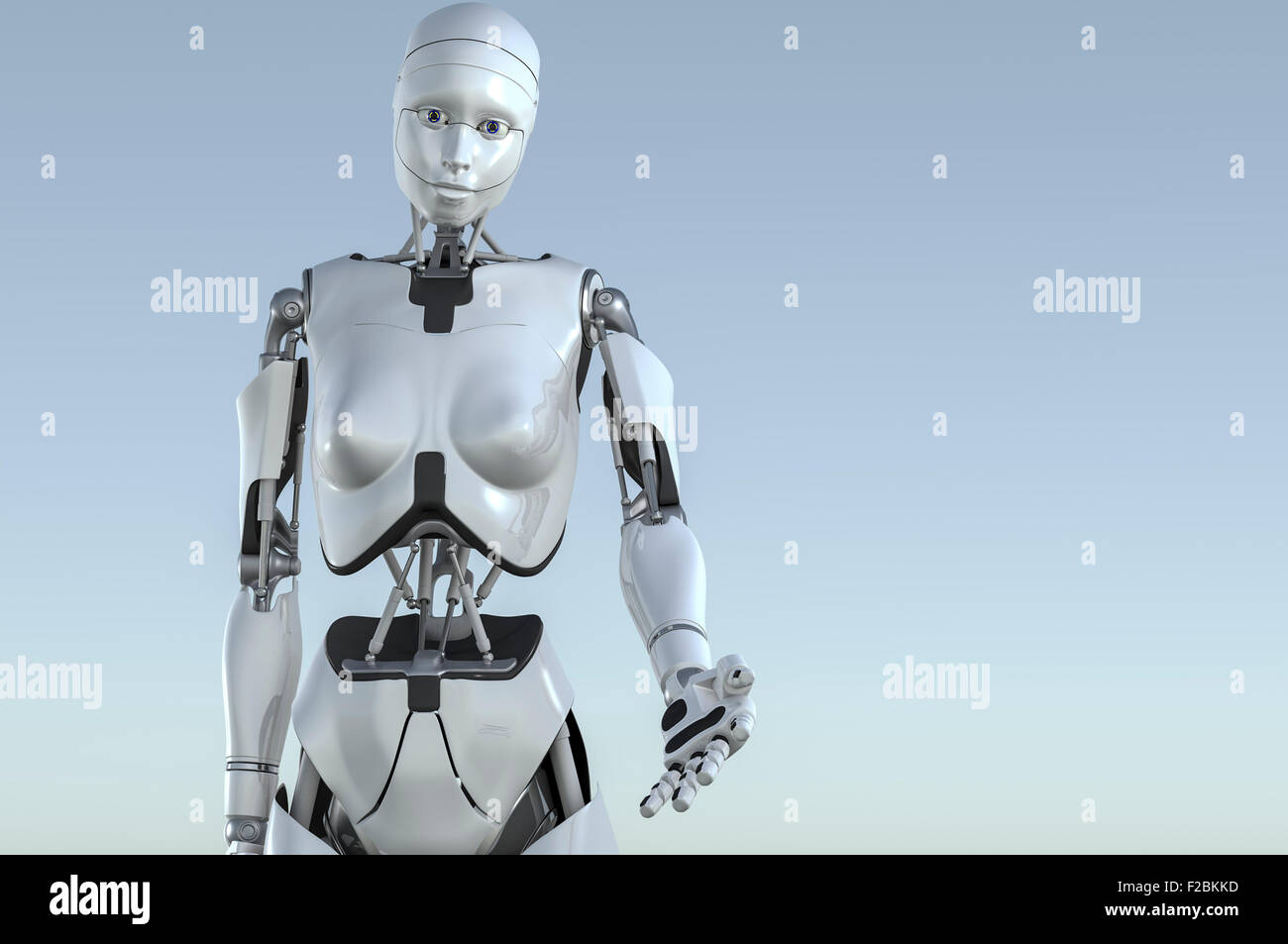 Robot humanoïde femelle. À la caméra en main gauche tendue avec dehors comme s'offrir de l'aide. Banque D'Images