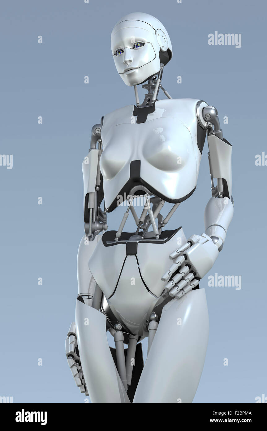 Robot humanoïde femelle inn permanent un modèle de mode présentent un style. Banque D'Images
