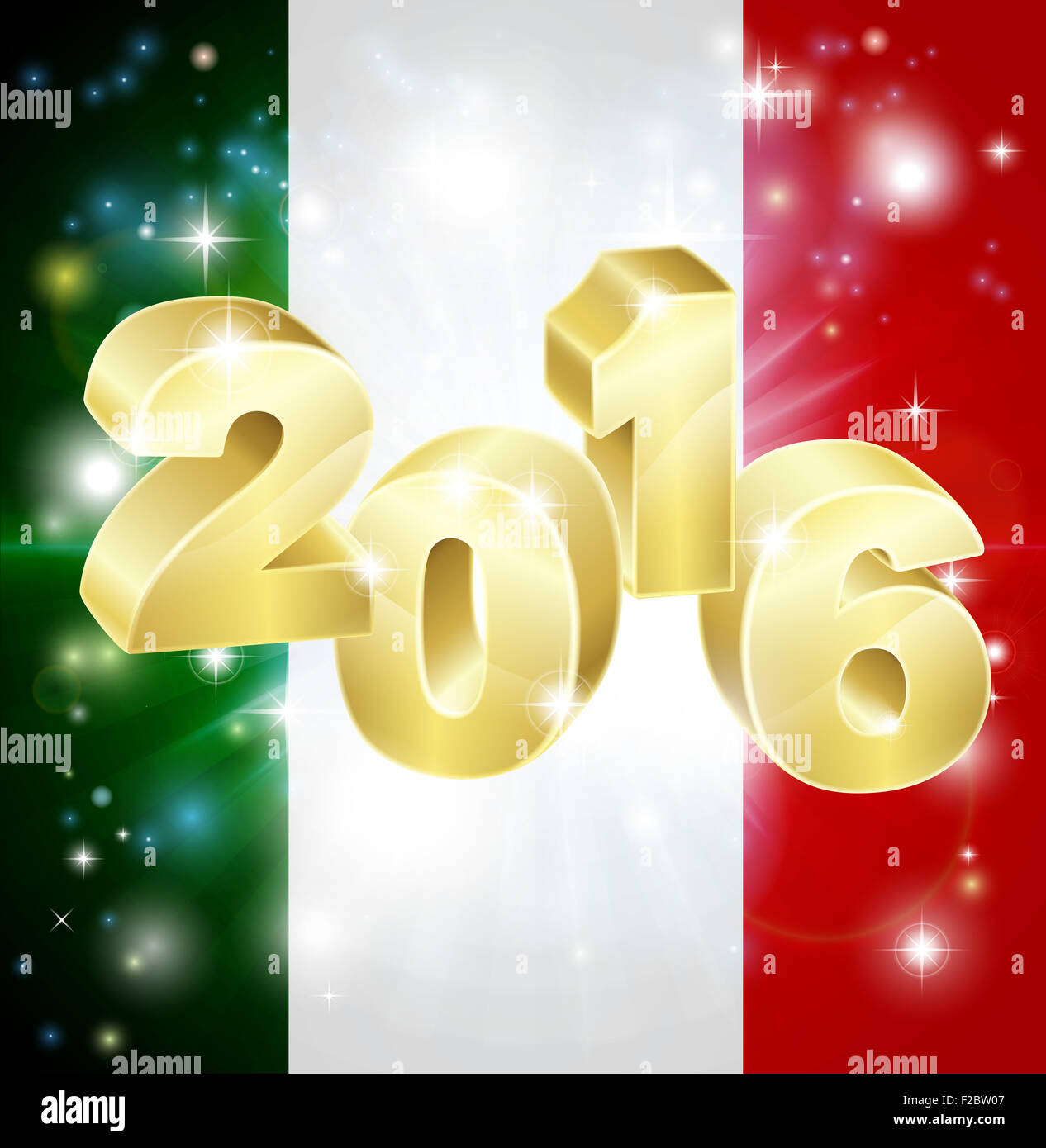 Un drapeau italien avec 2016 en sortir avec Fireworks. Concept pour la nouvelle année ou quoi que ce soit excitant passe en Italie dans l'axe y Banque D'Images