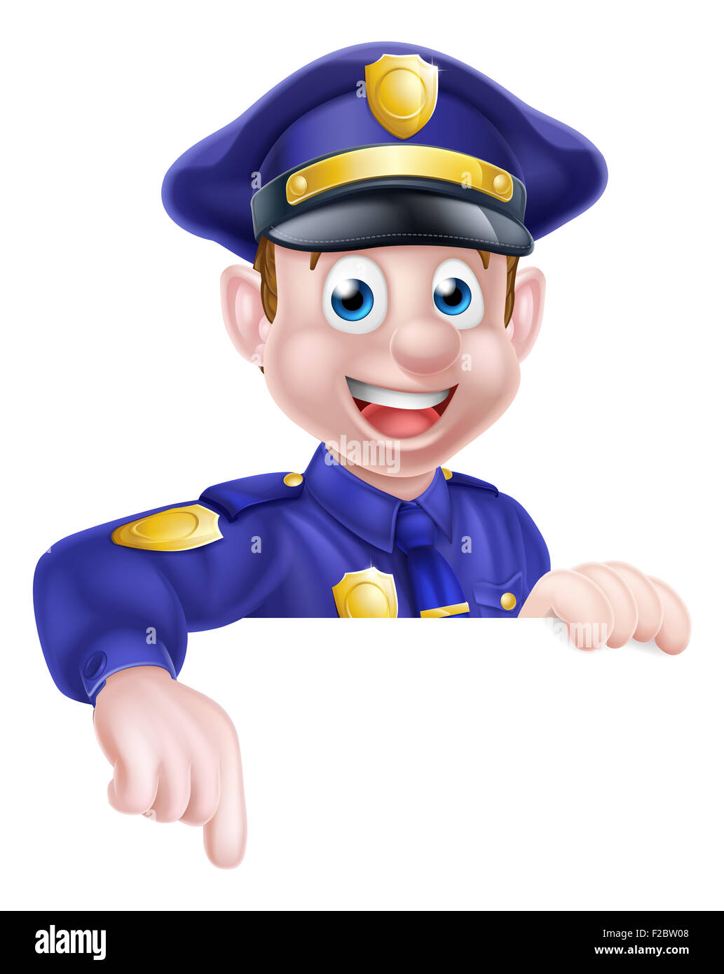 Un dessin animé sympa policier penchées sur un signe et pointant sur elle Banque D'Images