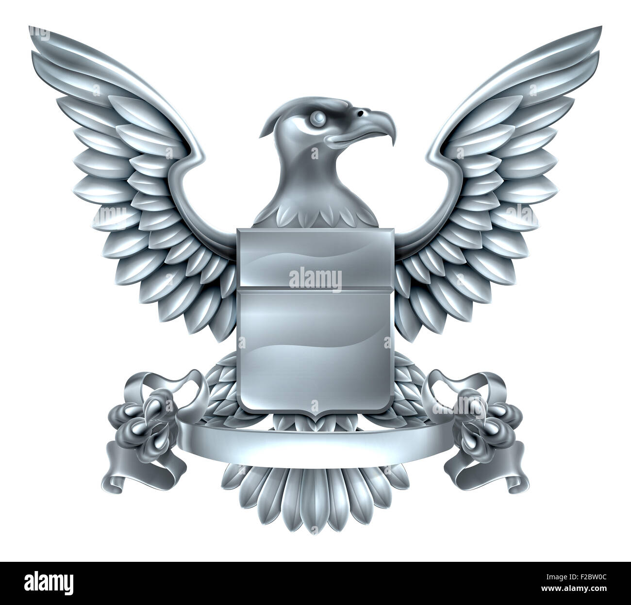 Un aigle héraldique héraldique bouclier métallique argent armoiries design avec une bannière défiler. Banque D'Images