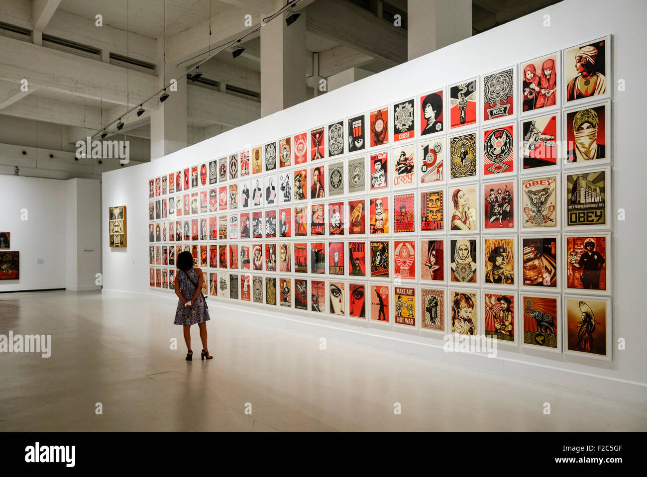 Travaux de Shepard Fairey sur l'affichage à l'ACE. Centre d'art contemporain de Soho, Malaga, Espagne. Banque D'Images