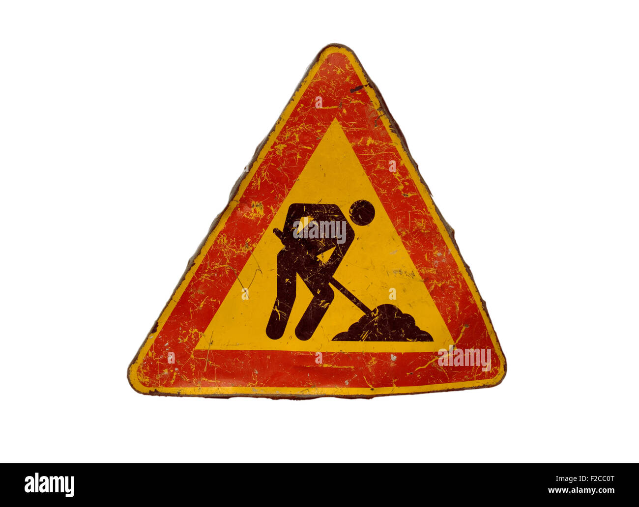 Vieux rouillé réel travail en cours Road Sign isolated on white Banque D'Images