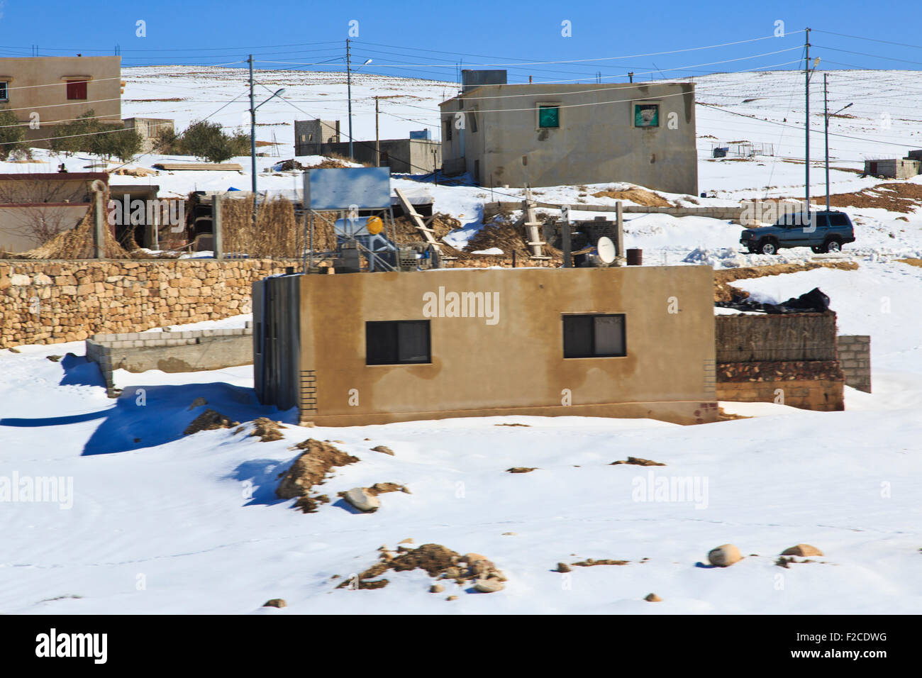 La Jordanie dans la neige dans une ville bédouine de Shobak Banque D'Images