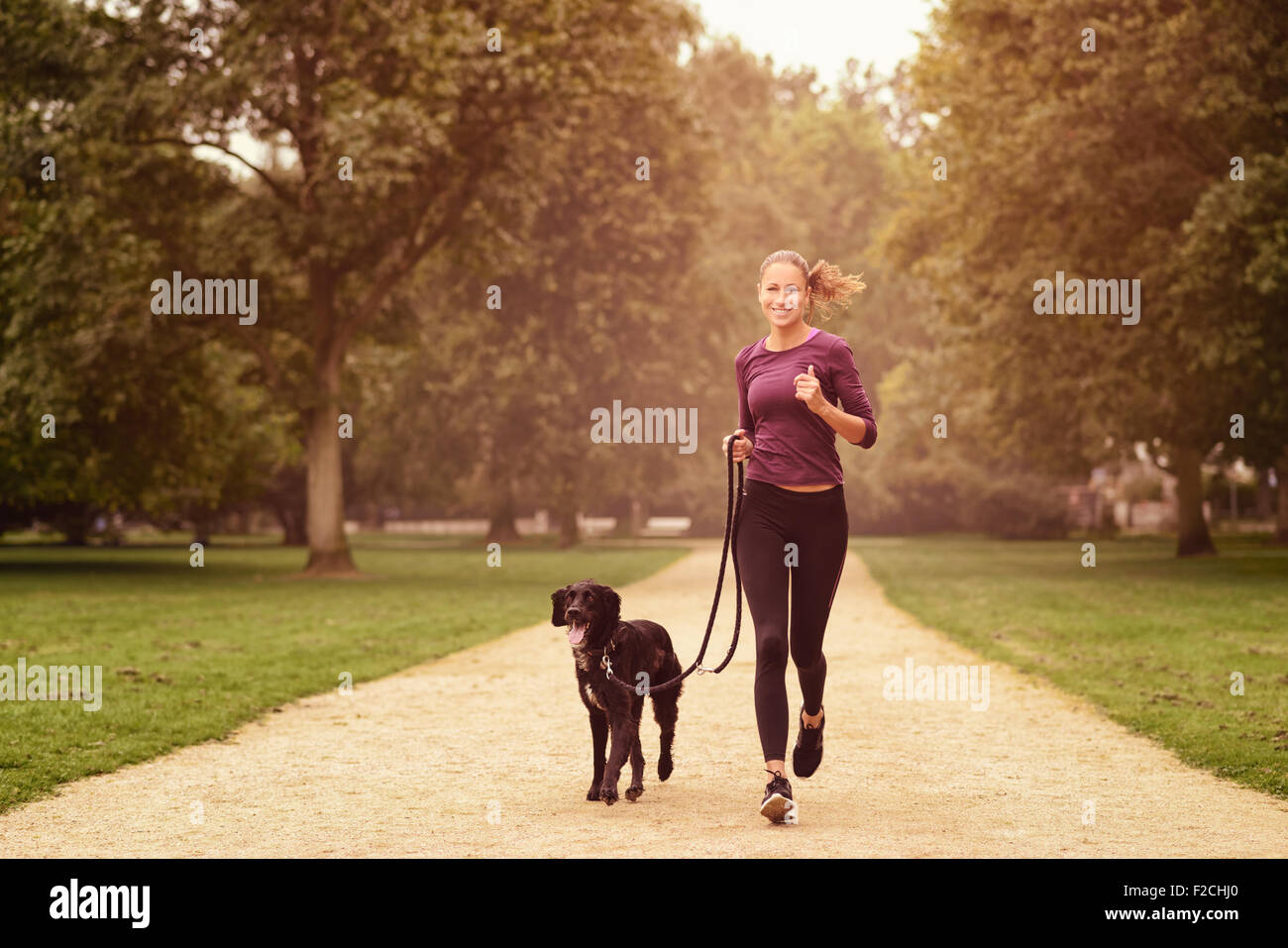 La longueur totale de la santé de la jeune femme du jogging dans le parc avec son chien noir Banque D'Images