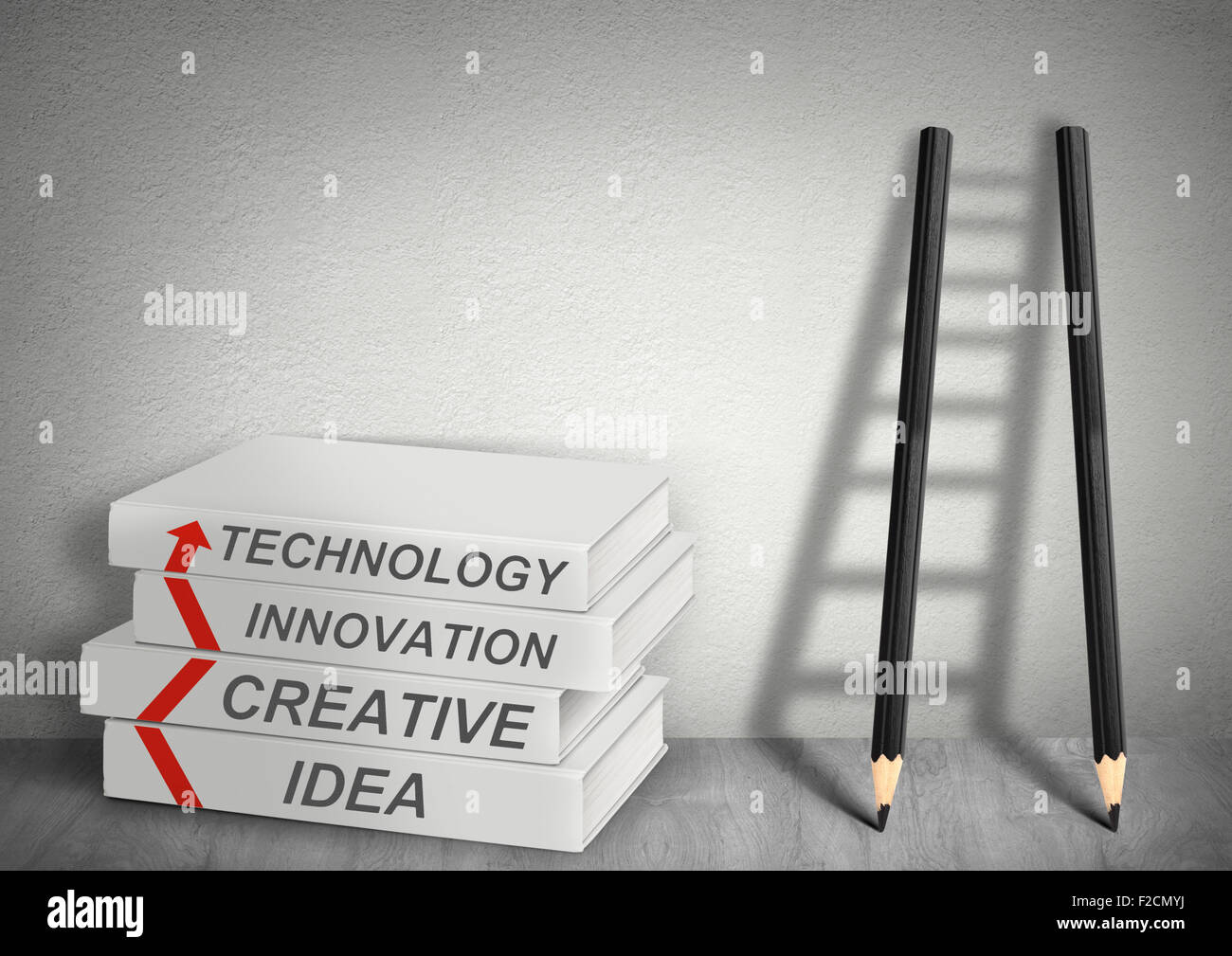 Books Creative, idée, innovation, technologie, échelle de crayons, concept de gestion Banque D'Images