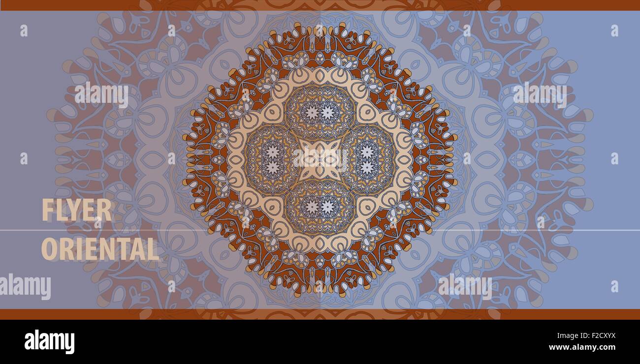 Flayer Oriental template design en bleu et brun. Retro Abstract Background Mandala ornés de carte de vœux, brochure, carte ou invitation avec l'arabe, indien, pouf, motifs asiatiques.Flyer conception de l'oeuvre Illustration de Vecteur