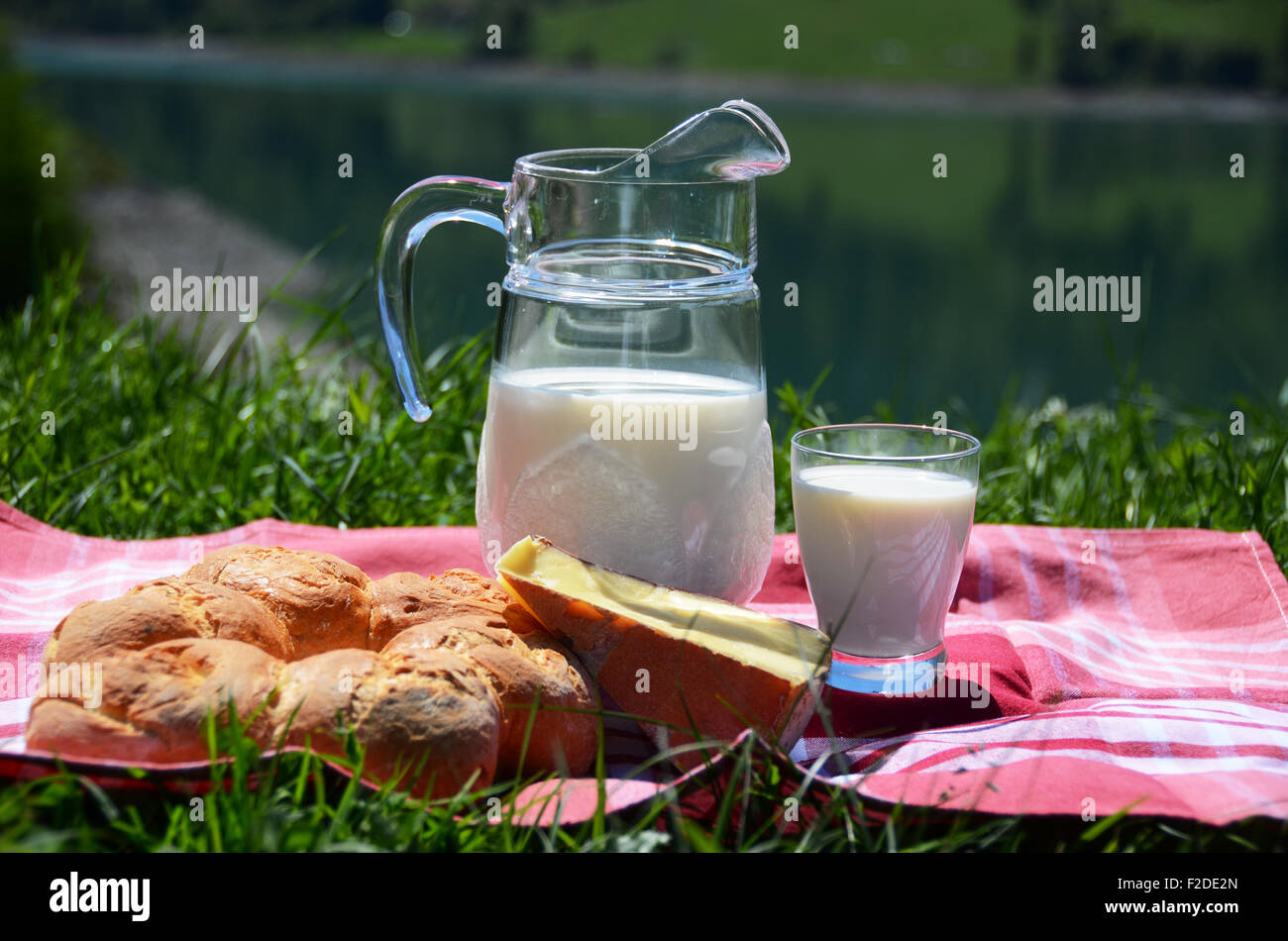 Du lait, du fromage et du pain servi à un pique-nique sur le pré alpin, Suisse Banque D'Images