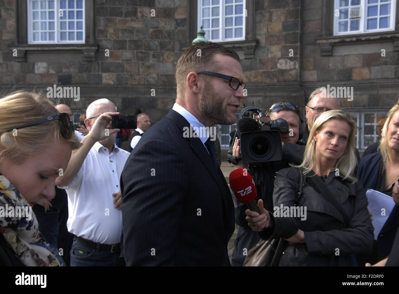 Copenhague, Danemark. 16 Septembre, 2015. Joachim B. Olsen politicien danois danois de pourparlers à l'alliance libérale chauffeur de taxi danois protestataire que Uber sera légal et sain pour l'innovation et de la compétition pour la direction de taxi. Banque D'Images
