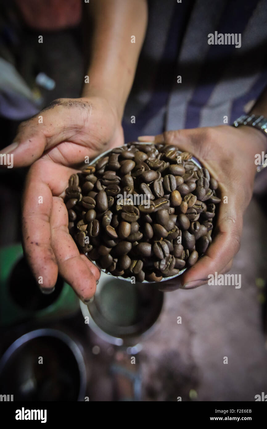 Grains de café arabica torréfiés à un fabricant de café Toraja à Rantepao, North Toraja, South Sulawesi, Indonésie. Banque D'Images