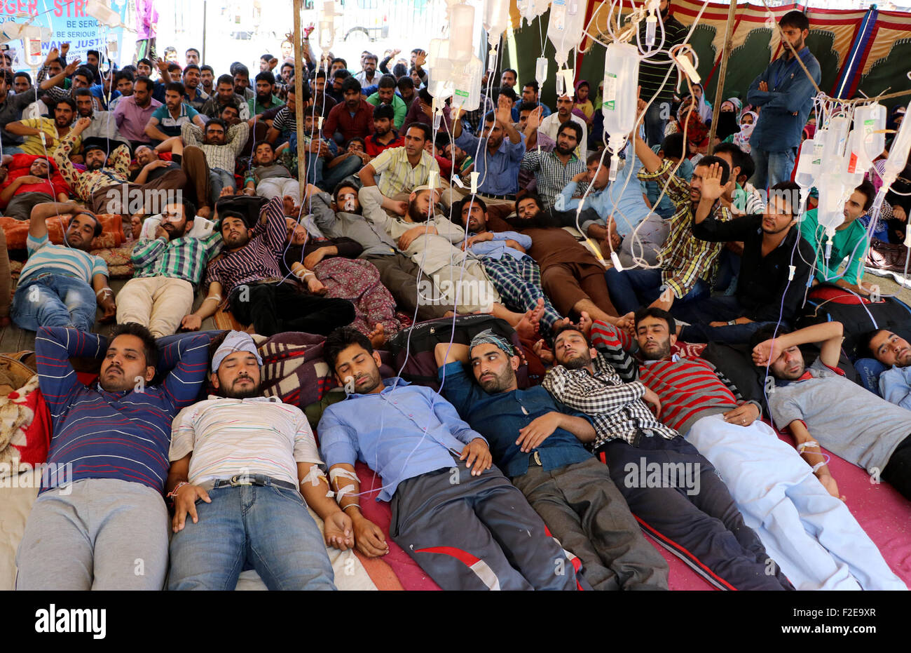 Srinagar, au Cachemire. 17 Septembre, 2015. Des centaines d'Empoloyees corps nationaux de Jeunesse (CNJ) au cours d'une grève de la faim est entré 17e jour dans la capitale d'été du Cachemire sous contrôle indien Srinagar, des dizaines de NYC employés exigeant la mise en œuvre d'un Jammu-et-Cachemire arrêté du cabinet vis-à-vis de leur induction dans divers ministères du gouvernement dans la vallée du Cachemire. Credit : Kamran Raashid Bhat Bhat/Alamy Live News Banque D'Images