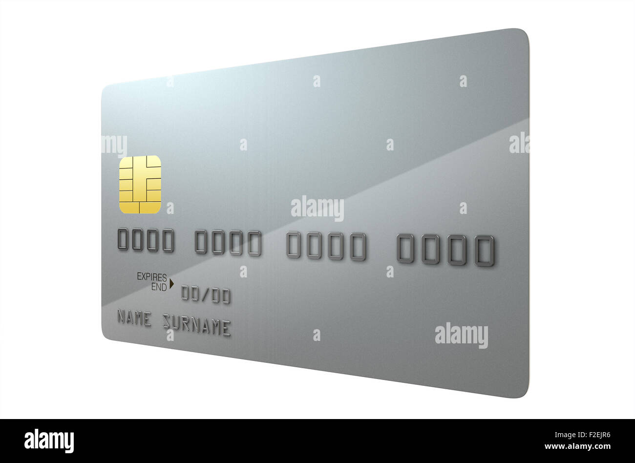 Une vue rapprochée d'un générique d'argent carte de crédit banque vide sur un fond studio blanc isolé Banque D'Images