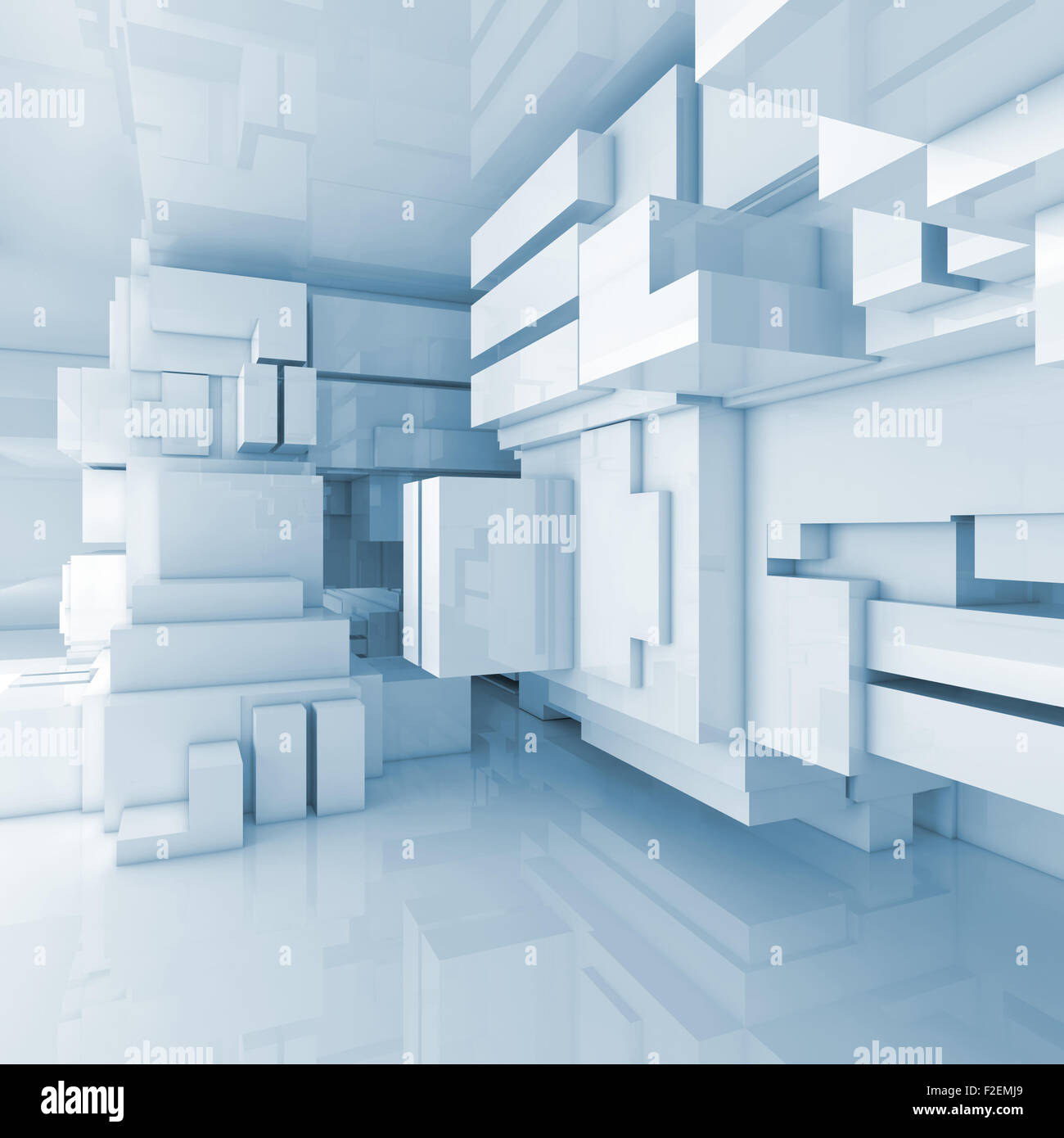 Abstract blue empty room, high-tech intérieur avec des cubes chaotique constructions, 3d illustration Banque D'Images