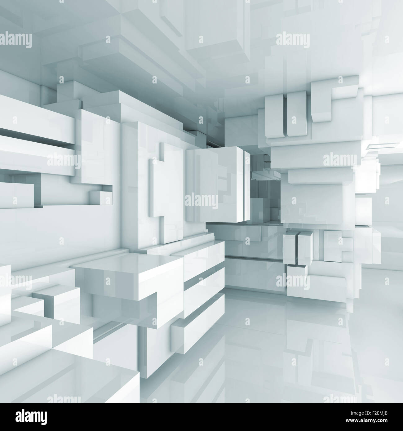 Résumé high-tech vide intérieur avec des cubes chaotique constructions, 3d illustration Banque D'Images