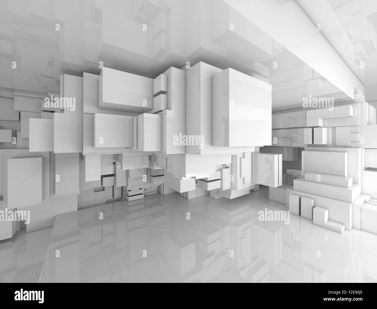 Résumé high-tech blanche vide intérieur avec des cubes chaotique constructions, 3d illustration Banque D'Images