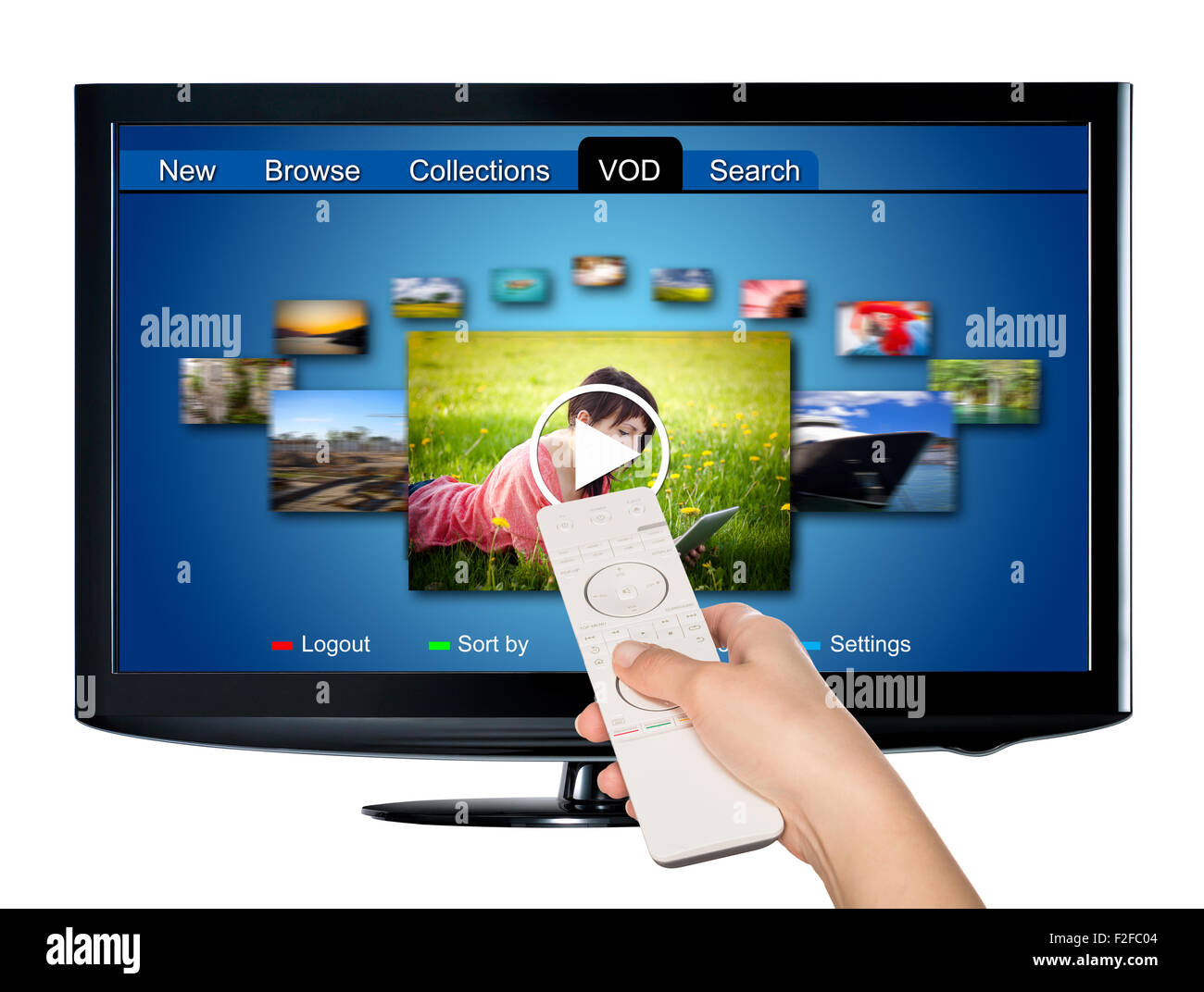 VOD vidéo à la demande sur la télévision à écran plat, service concept. Banque D'Images