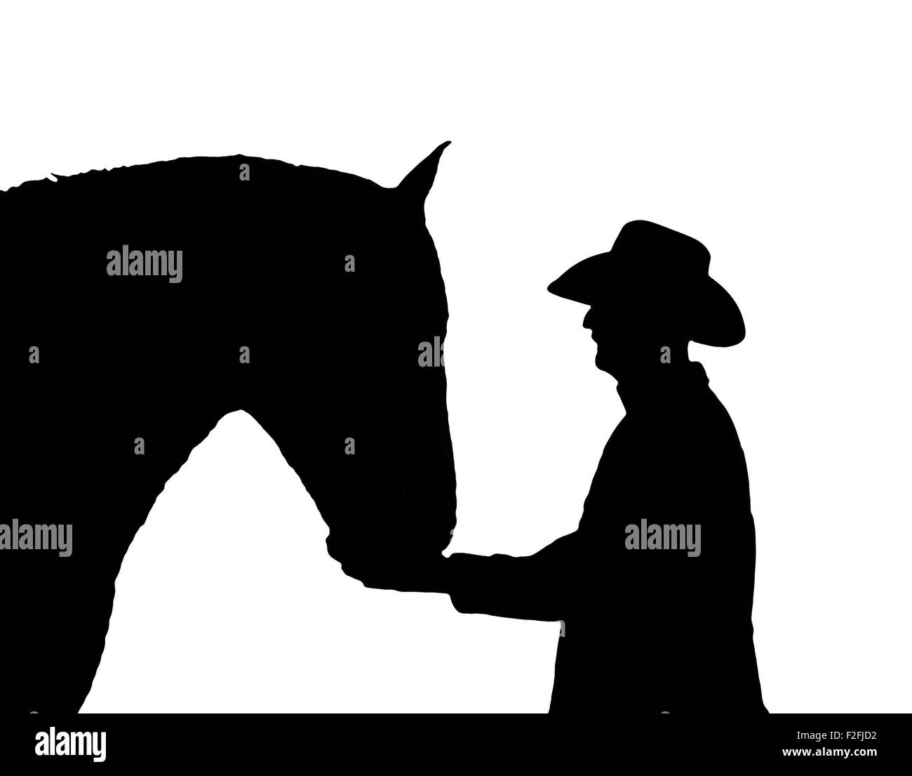 Silhouette d'un homme et son cheval en noir et blanc Banque D'Images