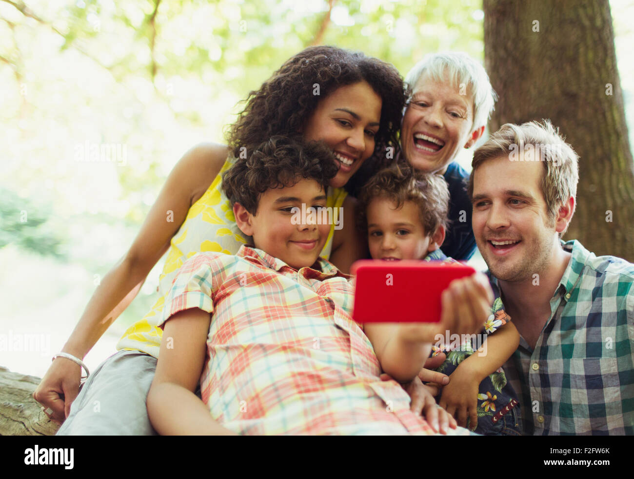 Multi-generation family en tenant avec selfies camera phone in woods Banque D'Images