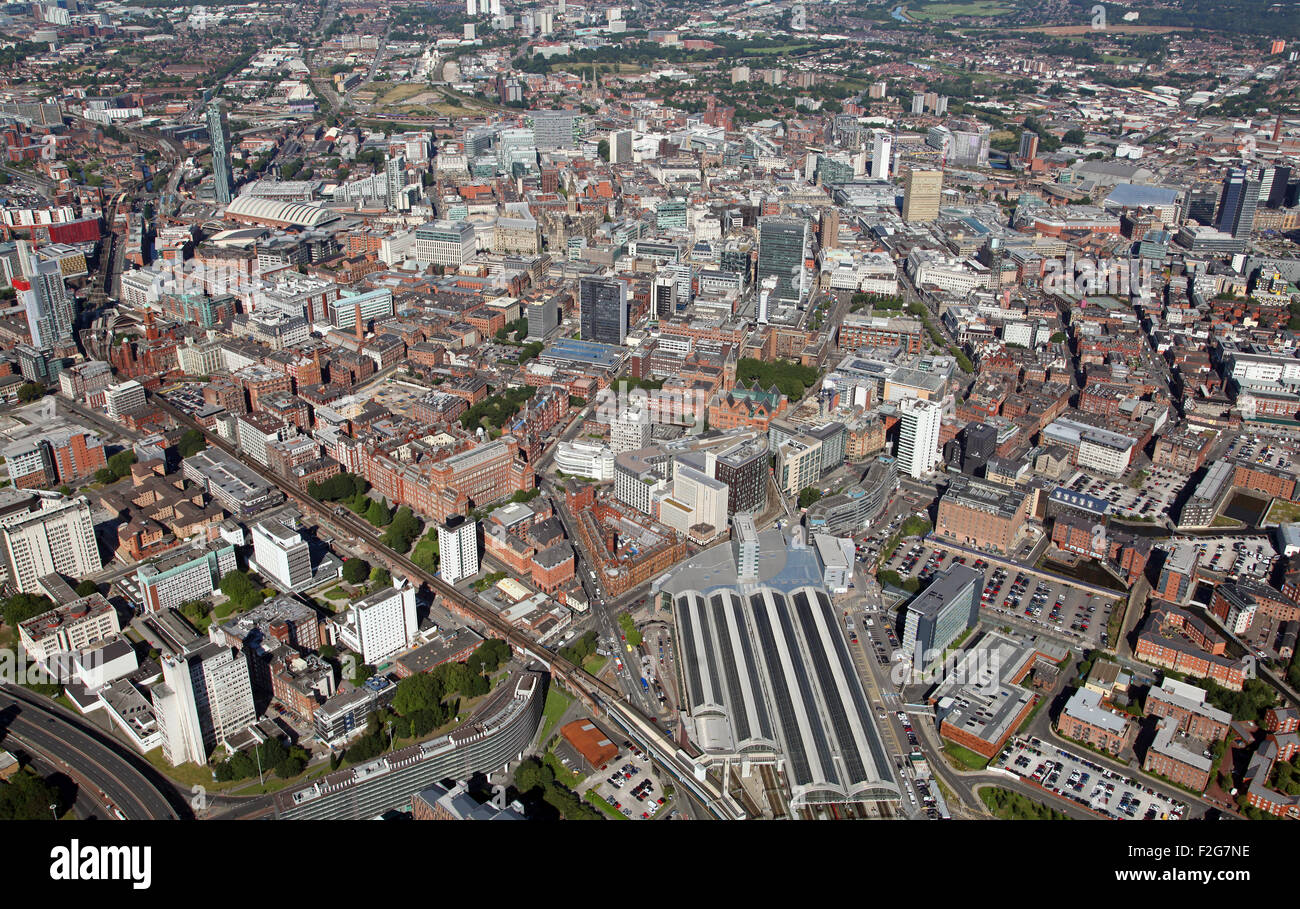 Vue aérienne de la ville de Manchester, UK de la gare Piccadilly en direction du centre-ville, UK Banque D'Images
