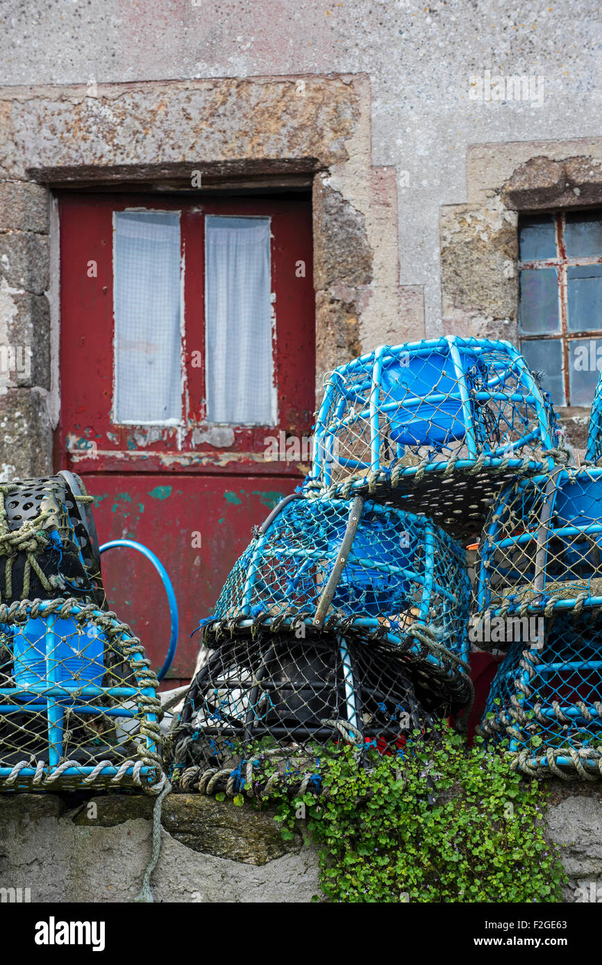 Les casiers à homard bleu / des casiers à homard en face de maison de  pêcheur dans le port de pêche à Le Conquet, Finistère, Bretagne, France  Photo Stock - Alamy
