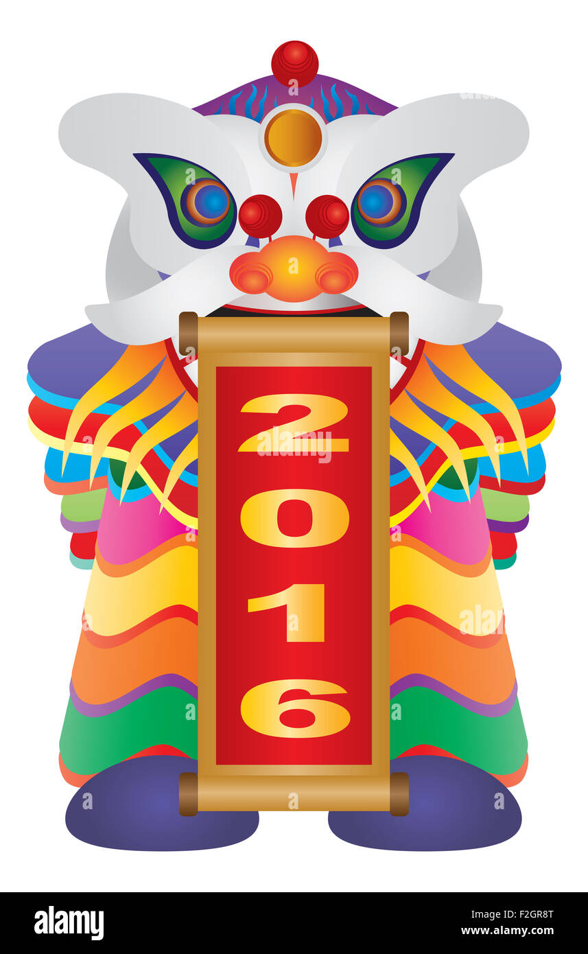 Le Nouvel An chinois Danse du Lion coloré (Flèche avec chiffres arabes 2016 Bonne année isolé sur fond blanc Illustration Banque D'Images