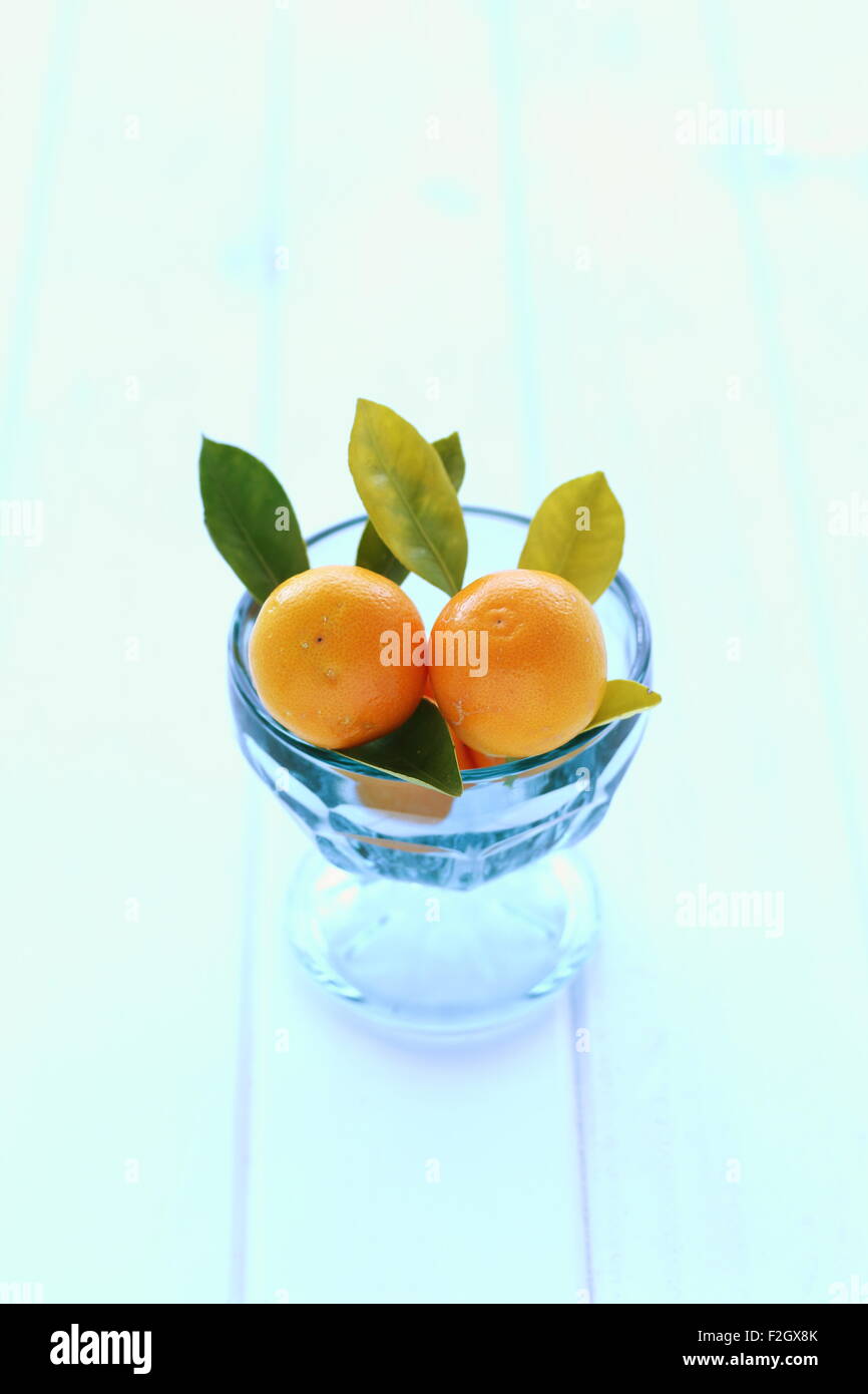 Entièrement mûres calamondin, Kumquat, Citrofortunella microcarpa dans un bol en verre sur planche de bois Banque D'Images