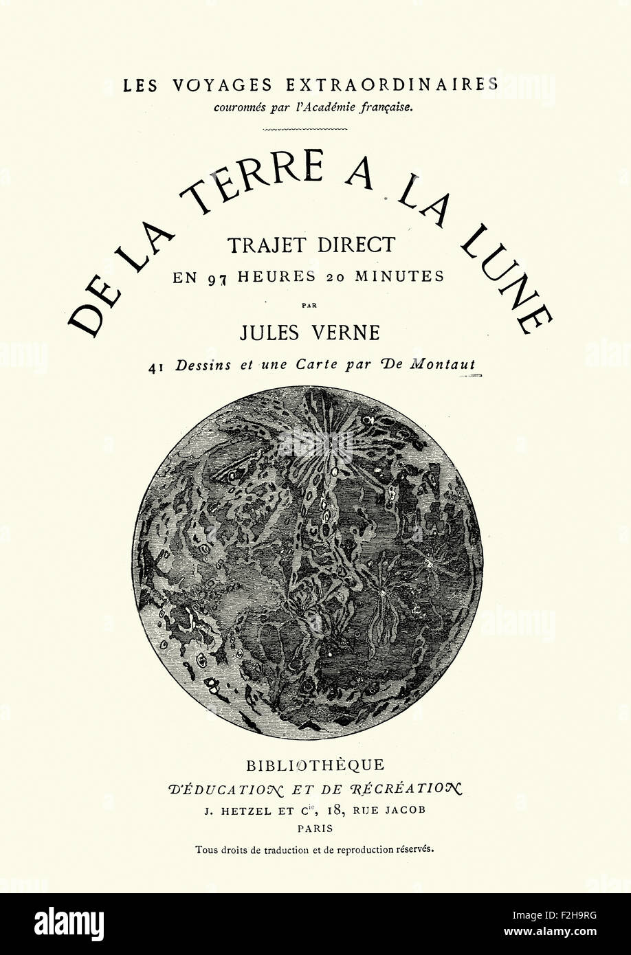 La page de titre de la roman de Jules Verne De la terre à la Lune (Anglais : De la terre a la lune). Banque D'Images
