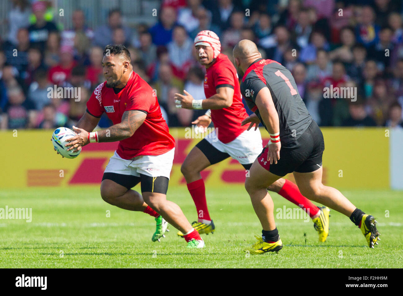 Gloucester, Royaume-Uni. 19 Sep, 2015. Coupe du Monde de Rugby. Les Tonga contre la Géorgie. Halani Aulika de Tonga porte le ballon. Credit : Action Plus Sport/Alamy Live News Banque D'Images