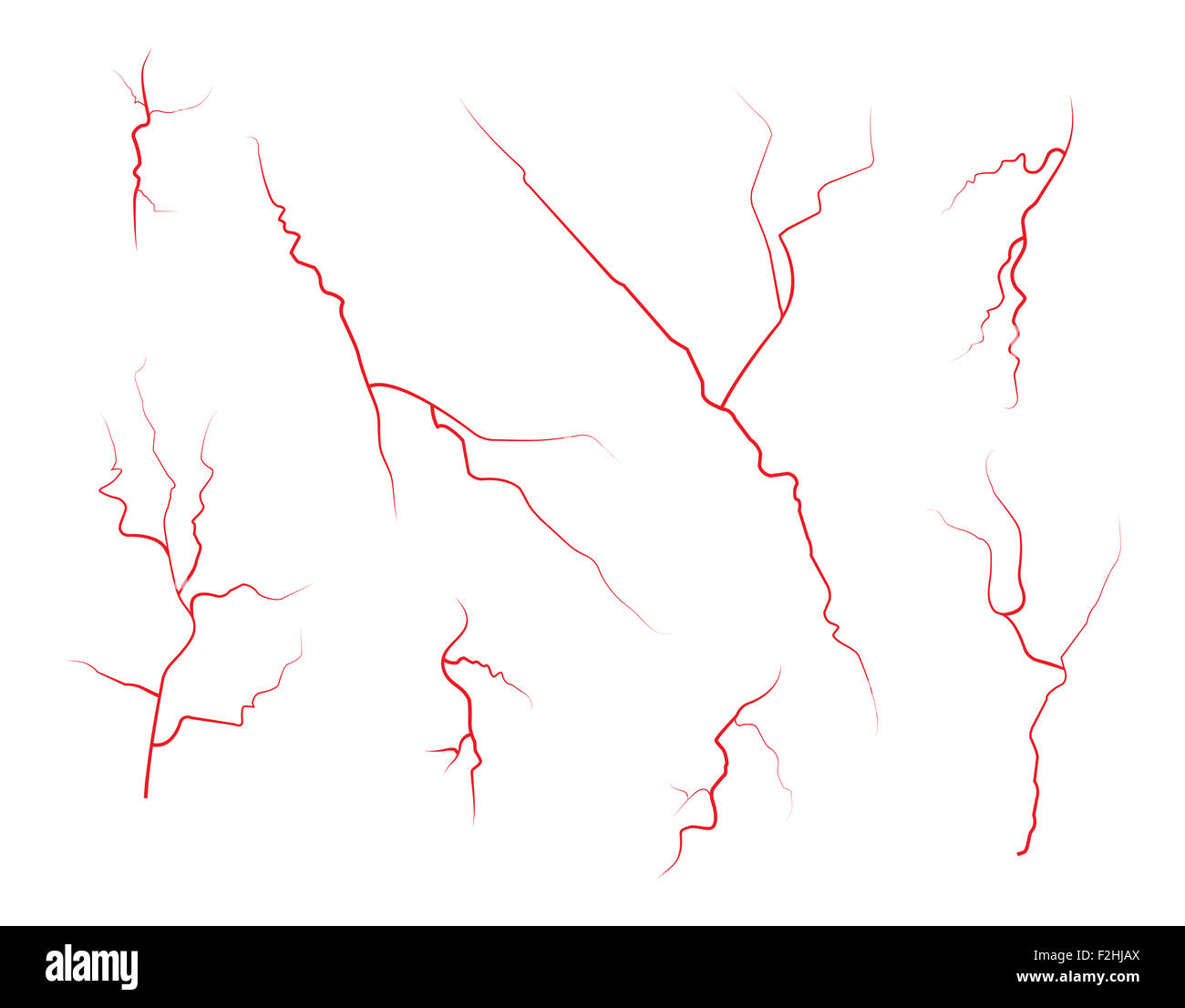 Définir des droits de l'oeil rouge veines, vaisseaux sanguins, du système sanguin. Vector illustration isolé sur fond blanc Banque D'Images