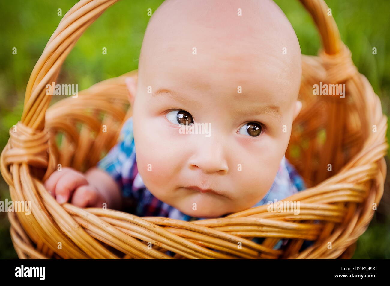 Portrait d'un petit garçon dans le panier - close-up, à l'extérieur Banque D'Images