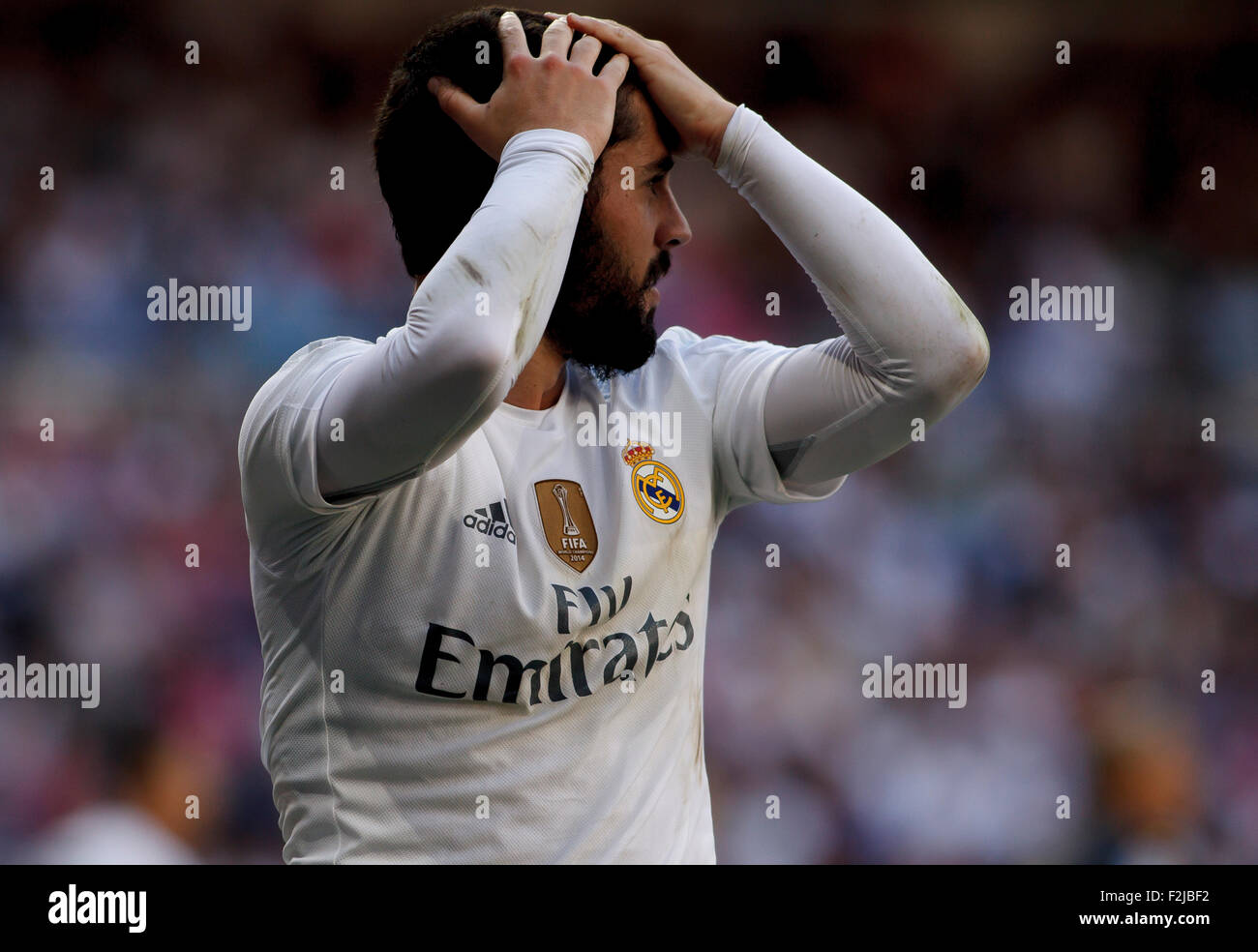 Madrid, Espagne. 19 Septembre, 2015.Le milieu de terrain espagnol du Real Madrid Isco Alarcon au cours de la Ligue espagnole 2015/16 match entre le Real Madrid et Grenade, à Santiago Bernabeu à Madrid le 19 septembre 2015. Guillermo Martinez/Alamy Live News Banque D'Images