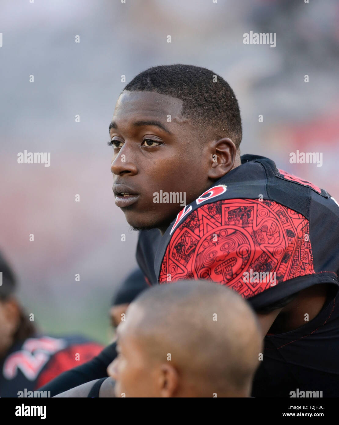 San Diego, CA. 19 Sep, 2015. San Diego State University Aztec arrière défensif # 23 Damontae Kazee pendant l'Université d'Etat de San Diego Aztèques' accueil dans la perte des heures supplémentaires à l'Université de South Alabama Jaguars chez Qualcomm Stadium de San Diego, CA. Justin Cooper/CSM/Alamy Live News Banque D'Images