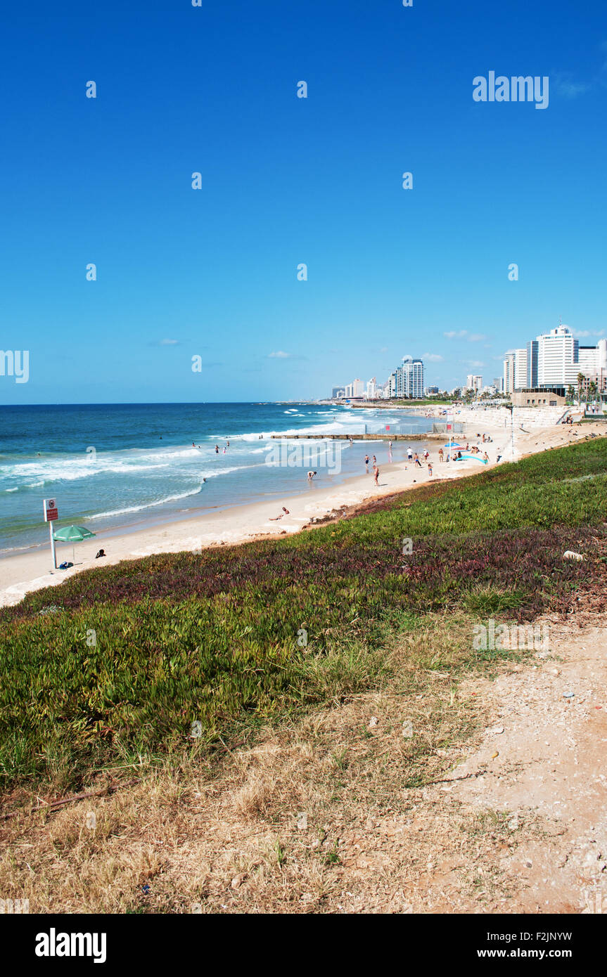 Israël : Tel Aviv vu de la vieille ville de Jaffa en une journée d'été sur la plage Banque D'Images