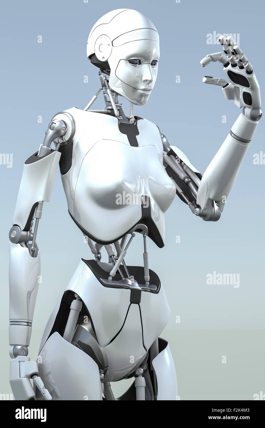 Robot humanoïde femelle étudiant chose entre l'index et le pouce de sa main gauche. Banque D'Images