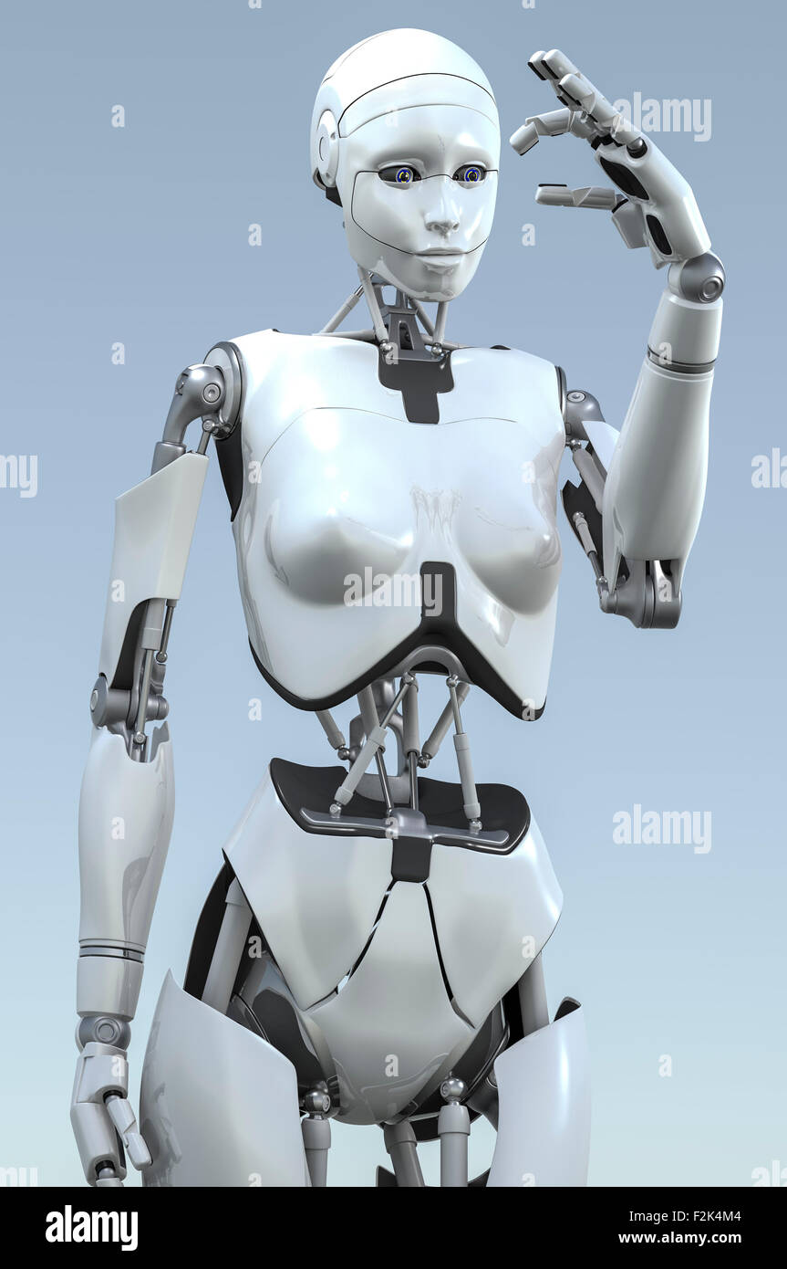 Robot humanoïde femelle étudiant chose entre l'index et le pouce de sa main gauche. Banque D'Images