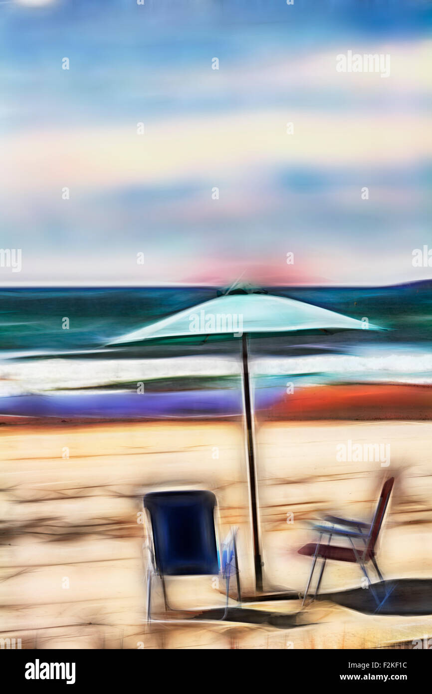 Résumé - parasol, sable et mer à la plage de Bournemouth en juillet avec filtre Fractalius appliqué - fractales fractales Banque D'Images