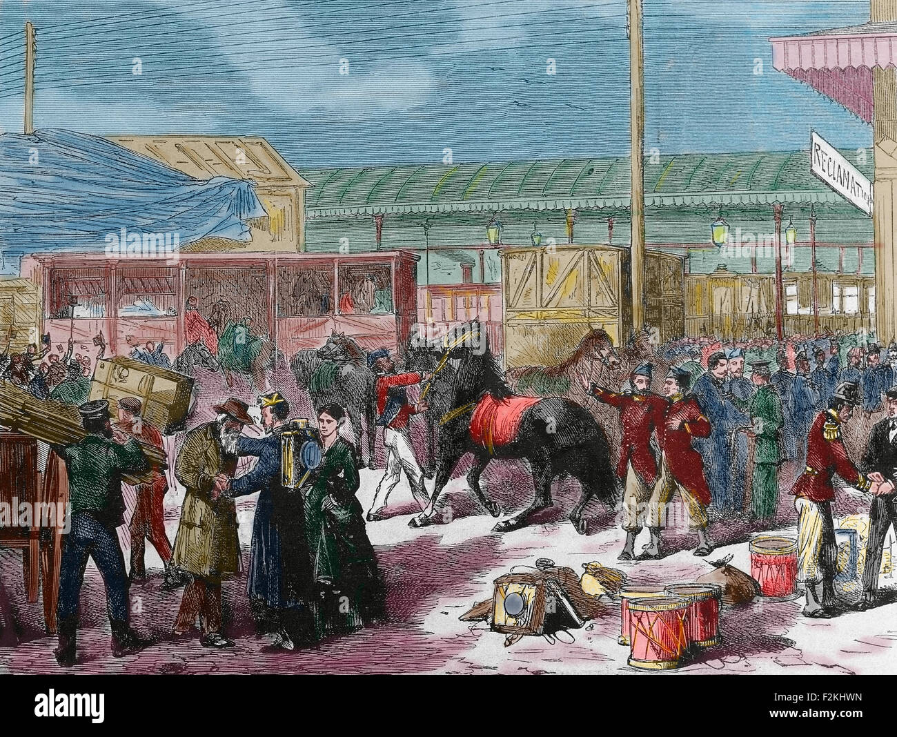 Guerre franco-prussienne. 1870-1871. Conflit entre le Second Empire et les états allemands de la Confédération d'Allemagne du Nord dirigée par le royaume de Prusse. Les troupes françaises de prendre les trains dans Paris. Gravure de Yon. La Ilustracion Espanola y Americana, 1870. Banque D'Images