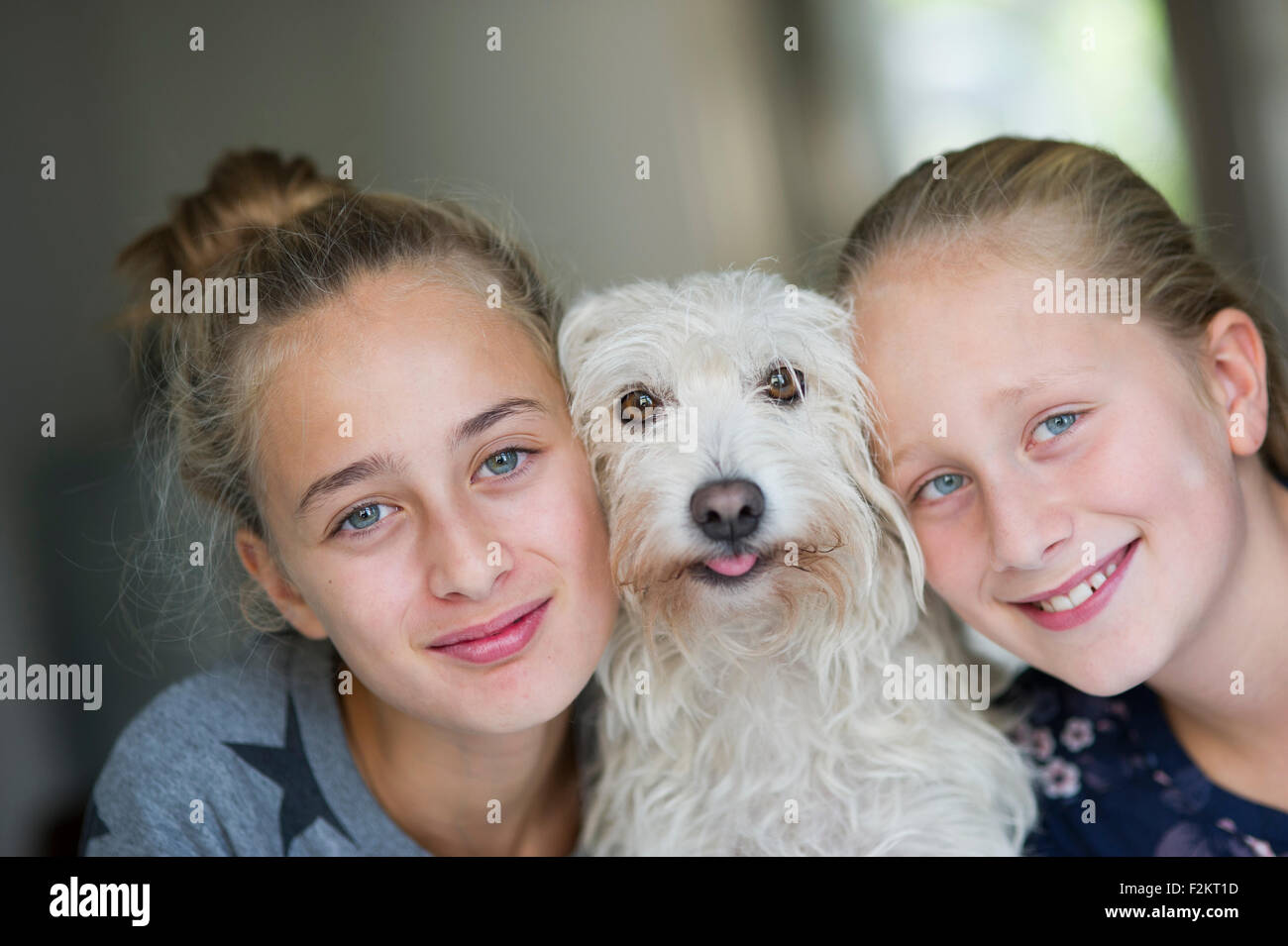 Les filles avec chien Banque D'Images