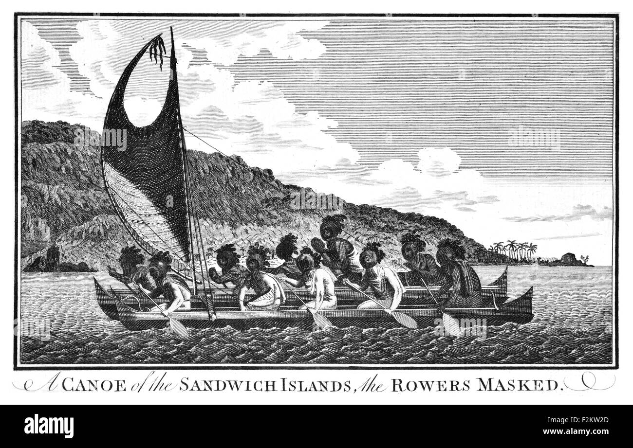 Le capitaine James Cook, explorateur britannique 1779 FRS 1728, navigateur, cartographe, capitaine de la Marine royale. Les rameurs masqués en canoë, les îles Sandwich du Sud Banque D'Images
