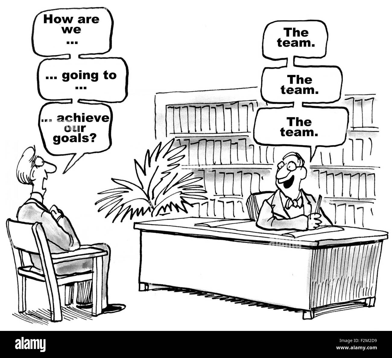 Caricature d'affaires manager demande patron une question. Patron la réponse est "l'équipe... l'équipe... l'équipe". Banque D'Images