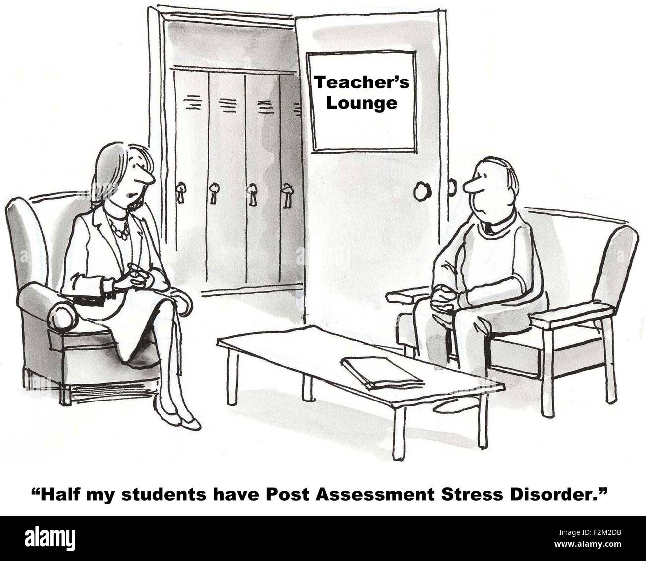 Caricature montrant deux enseignants de l'éducation, 'la moitié de mes étudiants ont un trouble de stress post-évaluation'. Banque D'Images